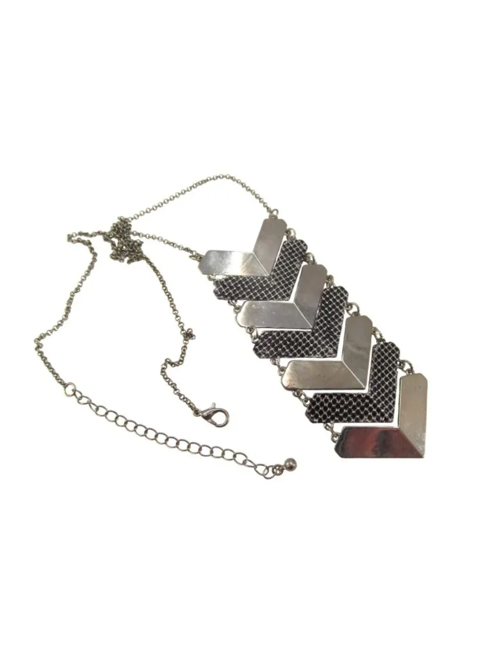 Chevron Statement Necklace with Silver Tone Metal Black Detail Adjustable Chain